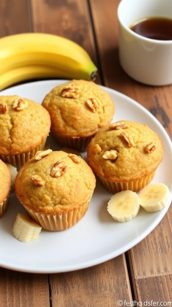 A plate of golden brown banana yogurt muffins with walnuts, served with banana slices and coffee on a rustic table.